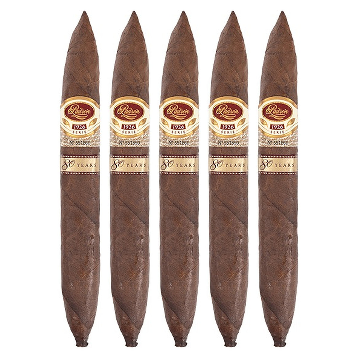 Five Padron 1926 80th Anniversary Series Maduro cigars, 6.75 × 54, lined up side by side