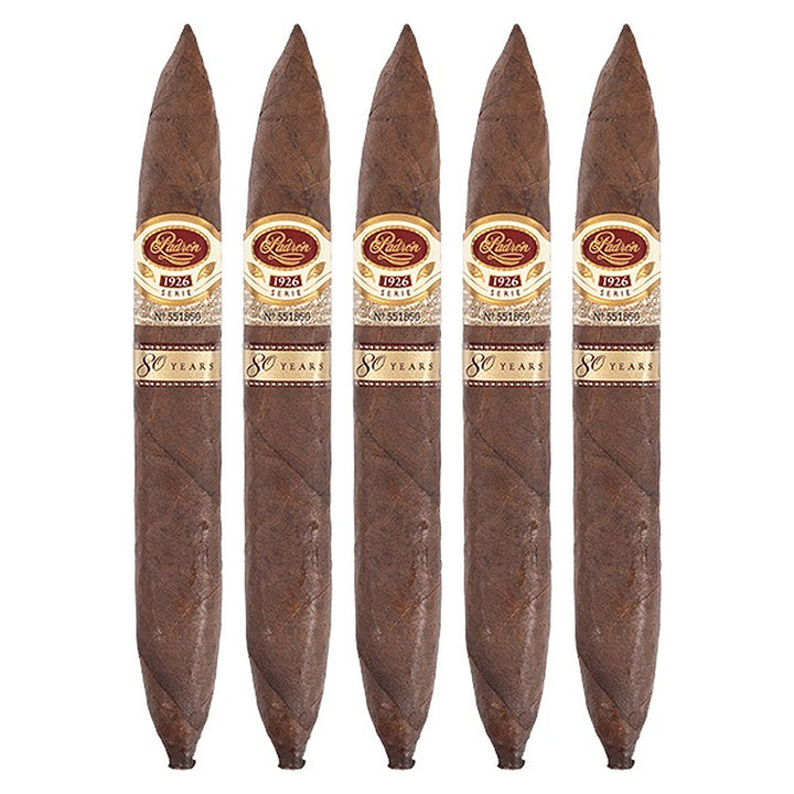 Five Padron 1926 80th Anniversary Series Maduro cigars, 6.75 × 54, lined up side by side
