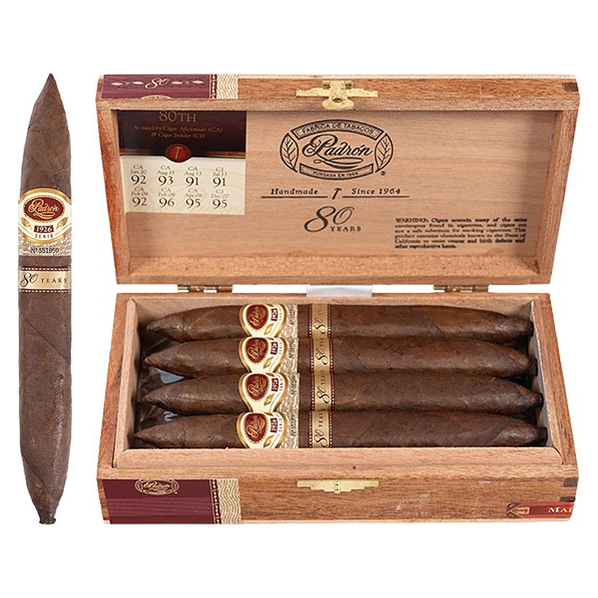 Padron 1926 80th Anniversary Series Maduro cigar, 6.75 × 54, with Nicaraguan maduro wrapper, beside its open box of 8