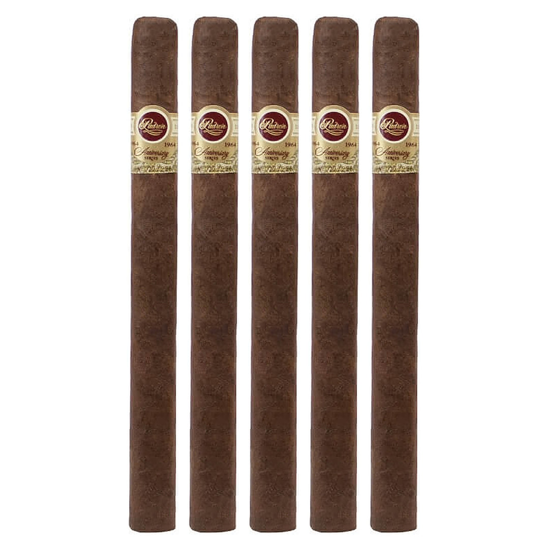 Five Padron 1964 Anniversary Series "A" Maduro cigars, 8.25 × 50, lined up side by side