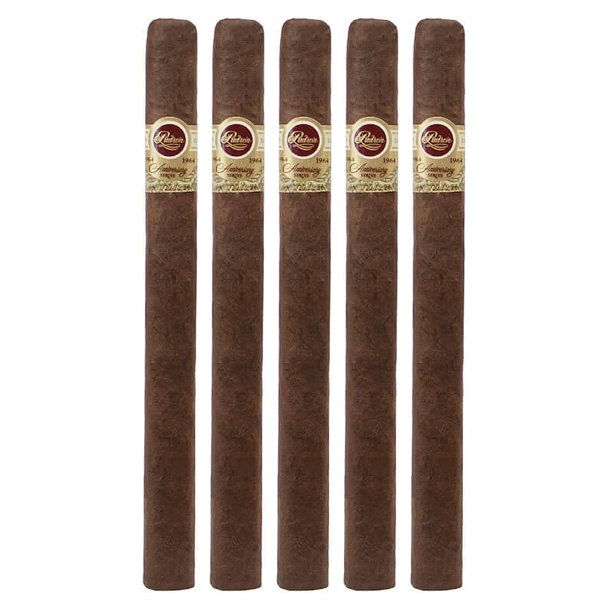 Five Padron 1964 Anniversary Series "A" Maduro cigars, 8.25 × 50, lined up side by side