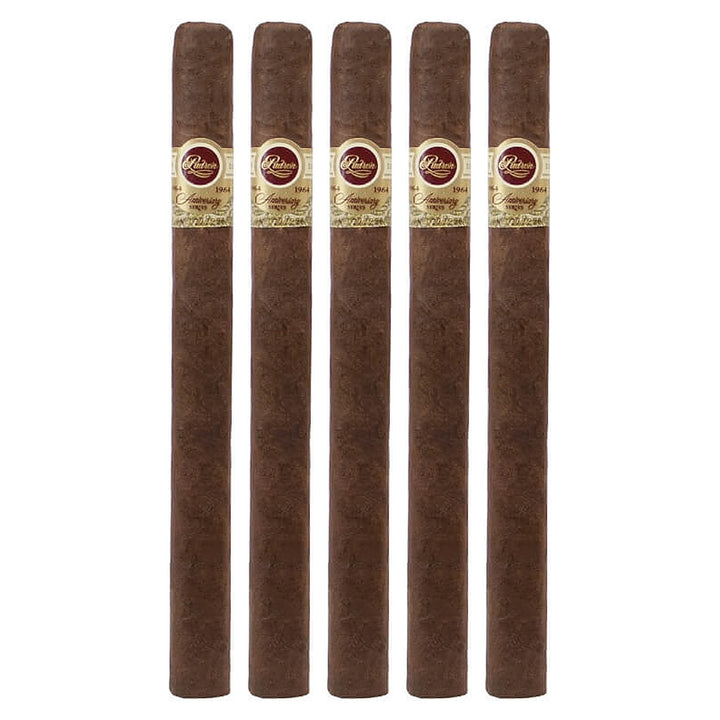 Five Padron 1964 Anniversary Series "A" Maduro cigars, 8.25 × 50, lined up side by side