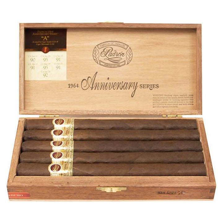 Open box of 10 Padron 1964 Anniversary Series "A" Maduro cigars