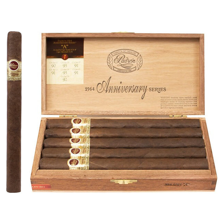 Padron 1964 Anniversary Series "A" Maduro cigar, 8.25 × 50, with Nicaraguan maduro wrapper, beside its open box of 10
