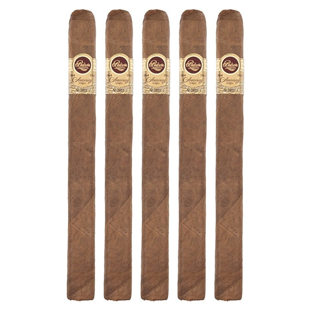 Five Padron 1964 Anniversary Series "A" Natural cigars, 8.25 × 50, lined up side by side