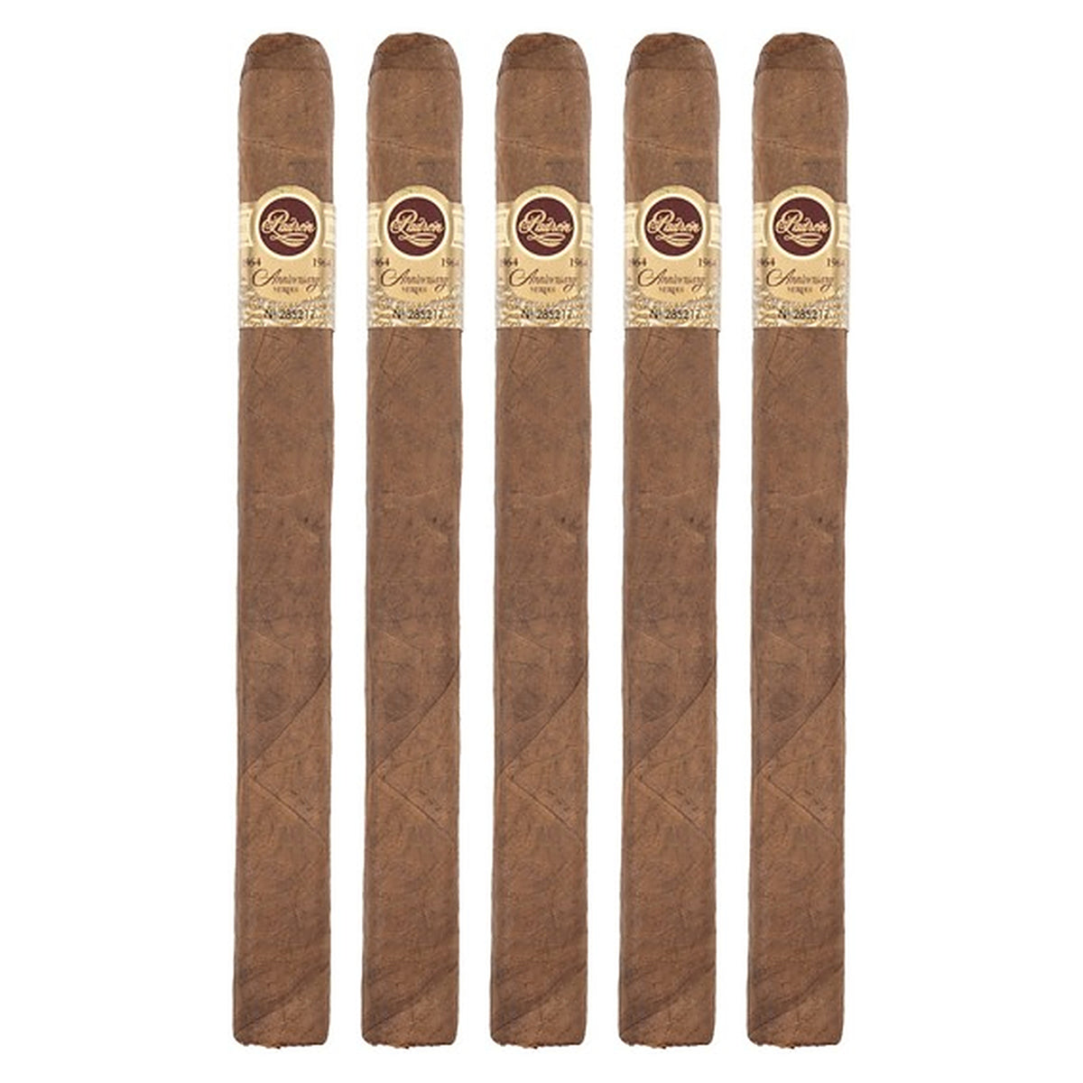 Five Padron 1964 Anniversary Series "A" Natural cigars, 8.25 × 50, lined up side by side
