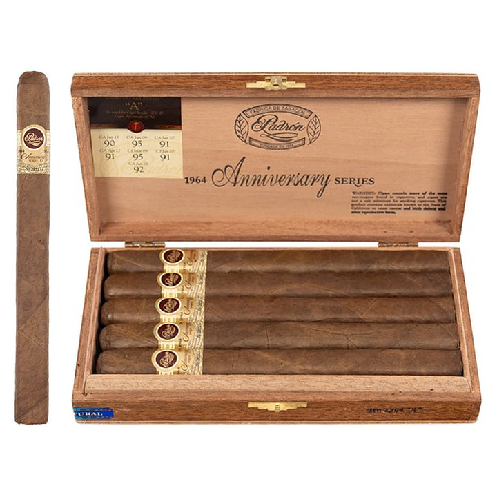 Padron 1964 Anniversary Series "A" Natural cigar, 8.25 × 50, with Nicaraguan natural wrapper, beside its open box of 10