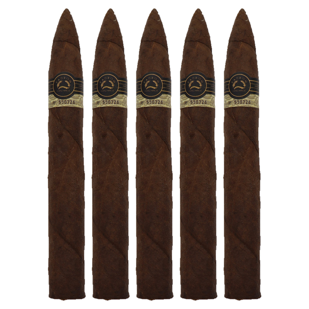 Five Padron Black PB-97 Maduro cigars, 6.75 x 54, lined up side by side