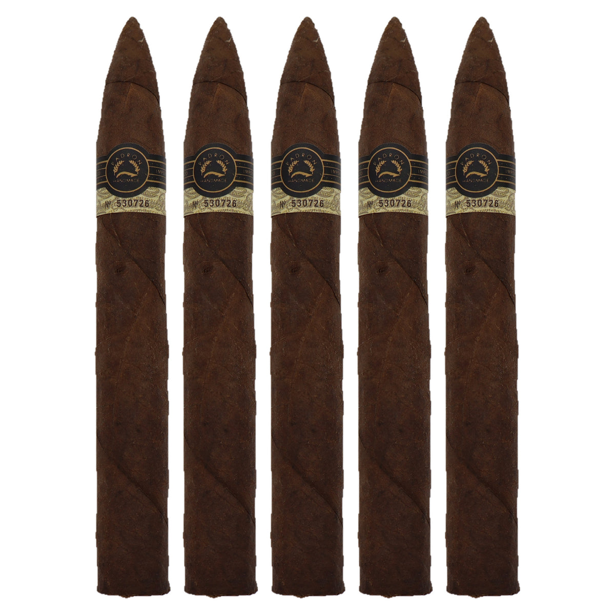 Five Padron Black PB-97 Maduro cigars, 6.75 x 54, lined up side by side