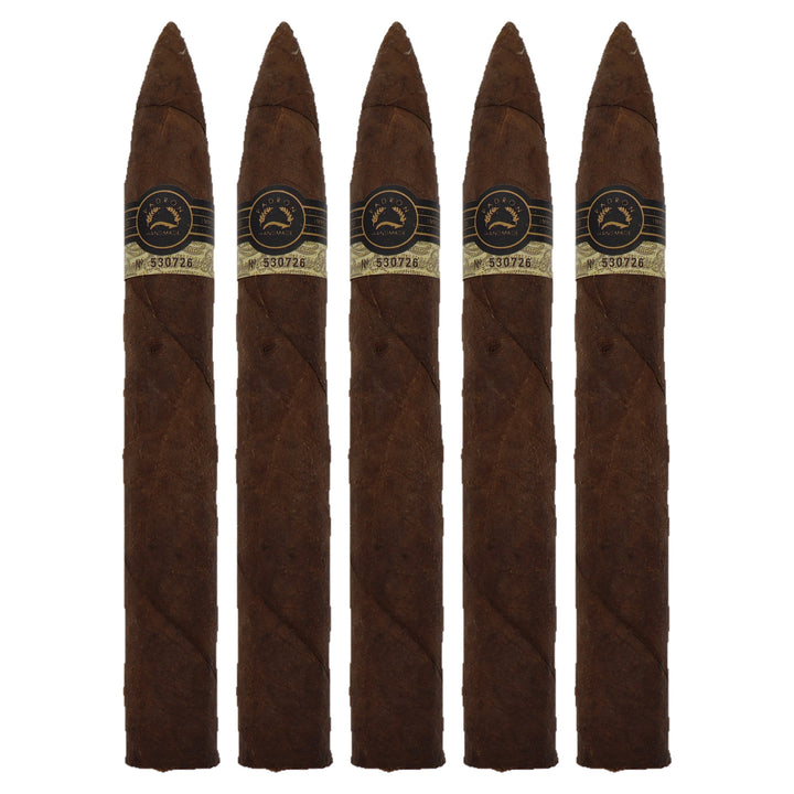 Five Padron Black PB-97 Maduro cigars, 6.75 x 54, lined up side by side