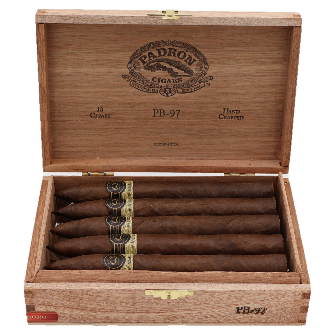 Open box of 10 Padron Black PB-97 Maduro cigars
