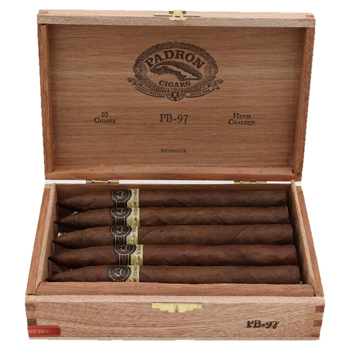 Open box of 10 Padron Black PB-97 Maduro cigars