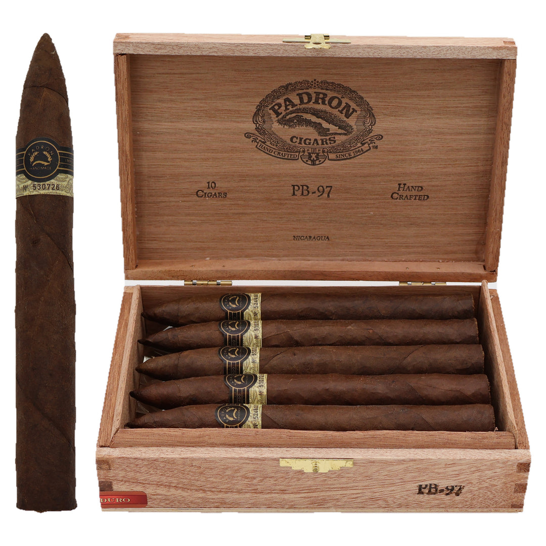 Padron Black PB-97 Maduro cigar, 6.75 x 54, with Nicaraguan maduro wrapper, beside its open box of 10