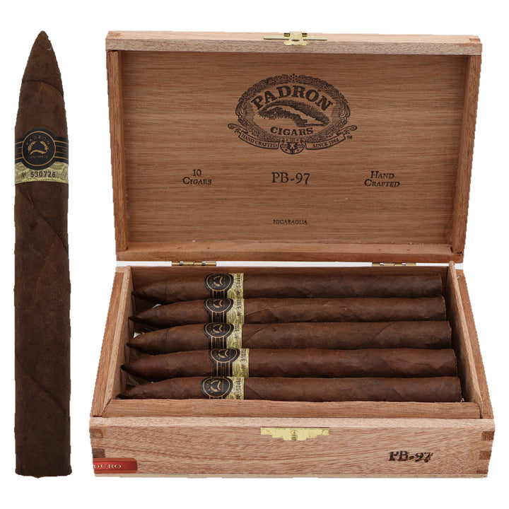Padron Black PB-97 Maduro cigar, 6.75 x 54, with Nicaraguan maduro wrapper, beside its open box of 10