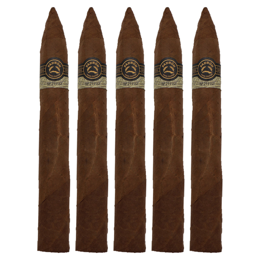 Five Padron Black PB-97 Natural cigars, 6.75 x 54, lined up side by side