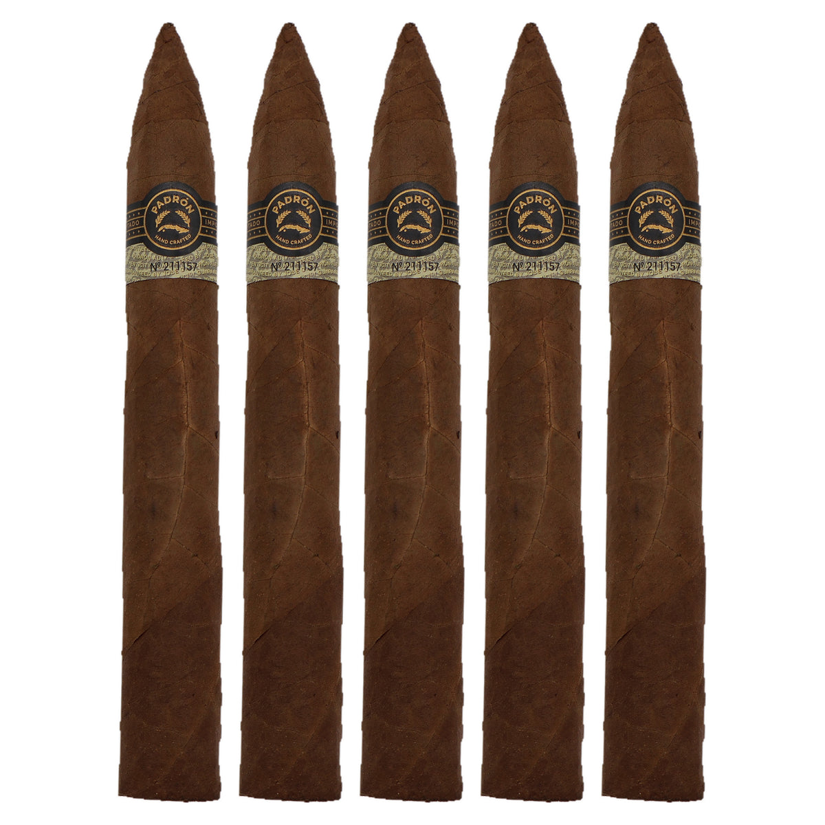 Five Padron Black PB-97 Natural cigars, 6.75 x 54, lined up side by side