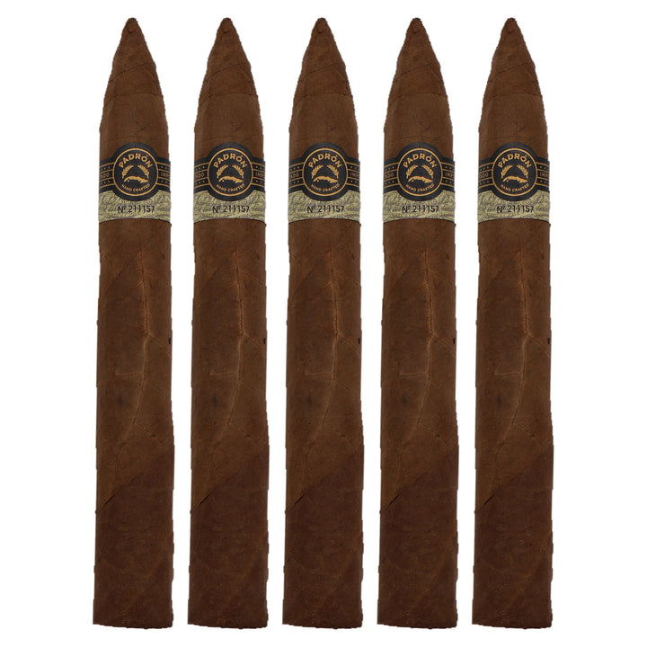 Five Padron Black PB-97 Natural cigars, 6.75 x 54, lined up side by side