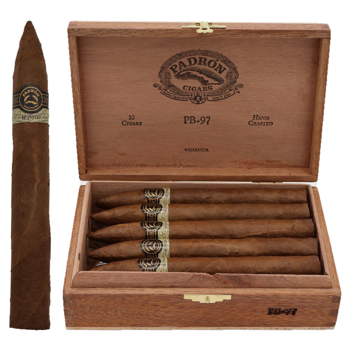 Padron Black PB-97 Natural cigar, 6.75 x 54, with Nicaraguan wrapper, beside its open box of 10
