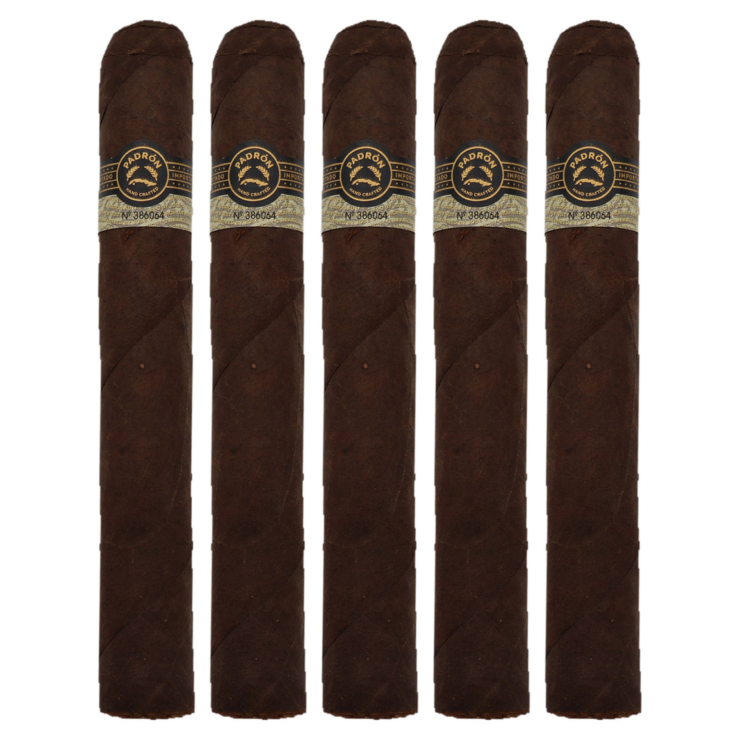 Five Padron Black PB-99 Maduro cigars, 6.75 x 60, lined up side by side