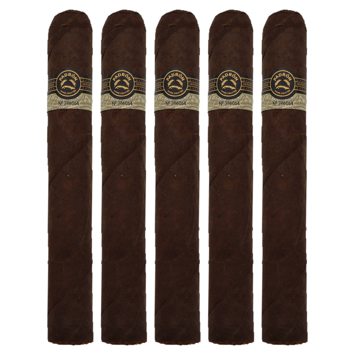 Five Padron Black PB-99 Maduro cigars, 6.75 x 60, lined up side by side