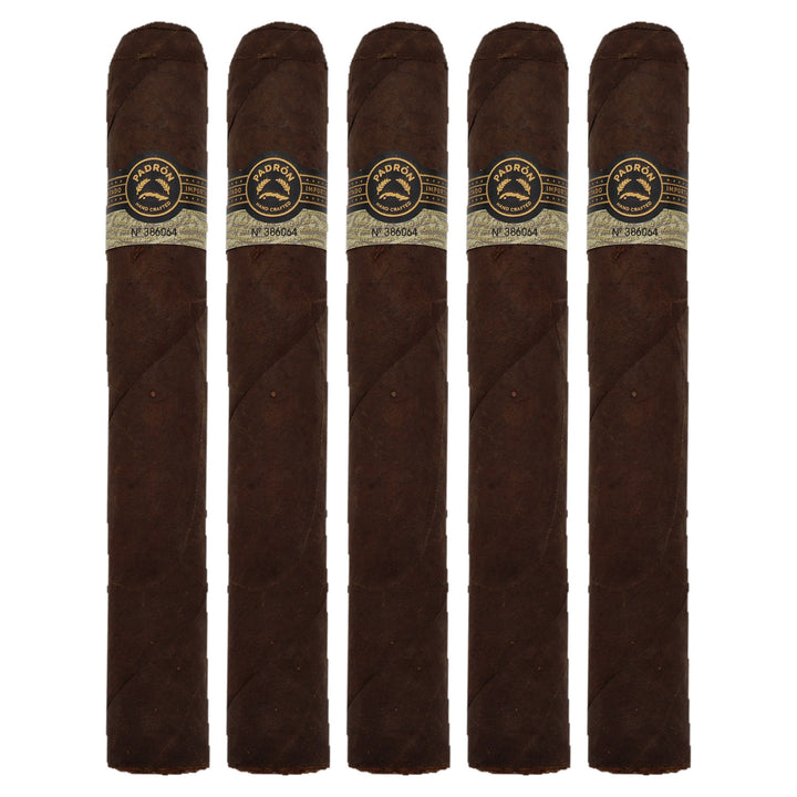 Five Padron Black PB-99 Maduro cigars, 6.75 x 60, lined up side by side