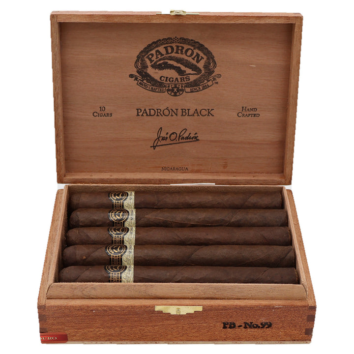 Open box of 10 Padron Black PB-99 Maduro cigars