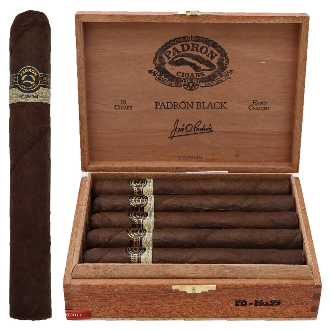 Padron Black PB-99 Maduro cigar, 6.75 x 60, with Nicaraguan maduro wrapper, beside its open box of 10