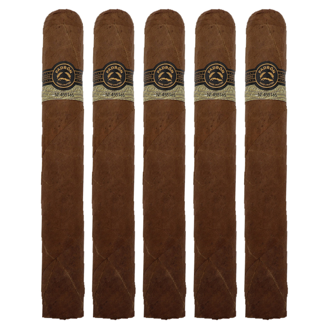 Five Padron Black PB-99 Natural cigars, 6.75 x 60, lined up side by side