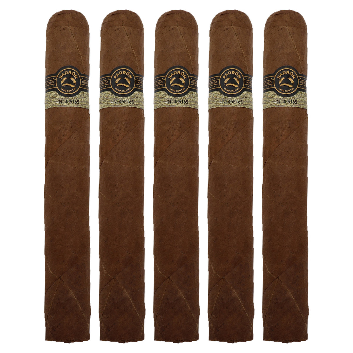 Five Padron Black PB-99 Natural cigars, 6.75 x 60, lined up side by side