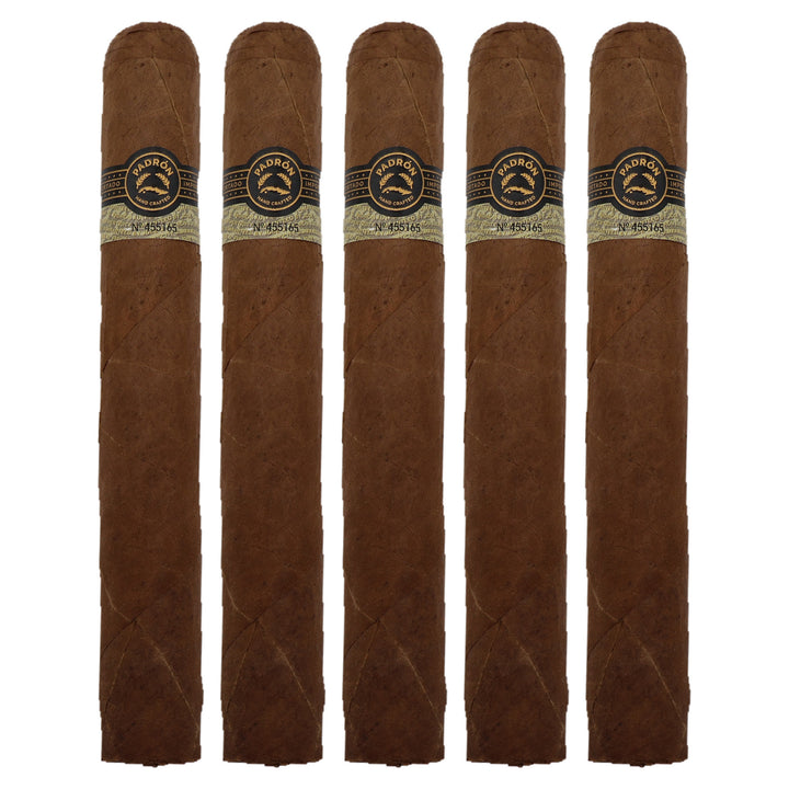 Five Padron Black PB-99 Natural cigars, 6.75 x 60, lined up side by side