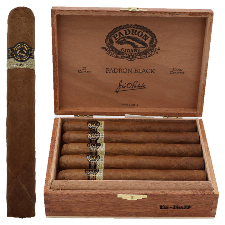 Padron Black PB-99 Natural cigar, 6.75 x 60, with Nicaraguan wrapper, beside its open box of 10