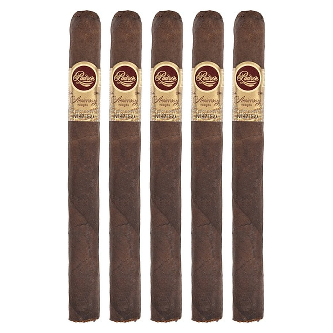 Five Padron 1964 Anniversary Series Corona Maduro cigars, 6 × 42, lined up side by side