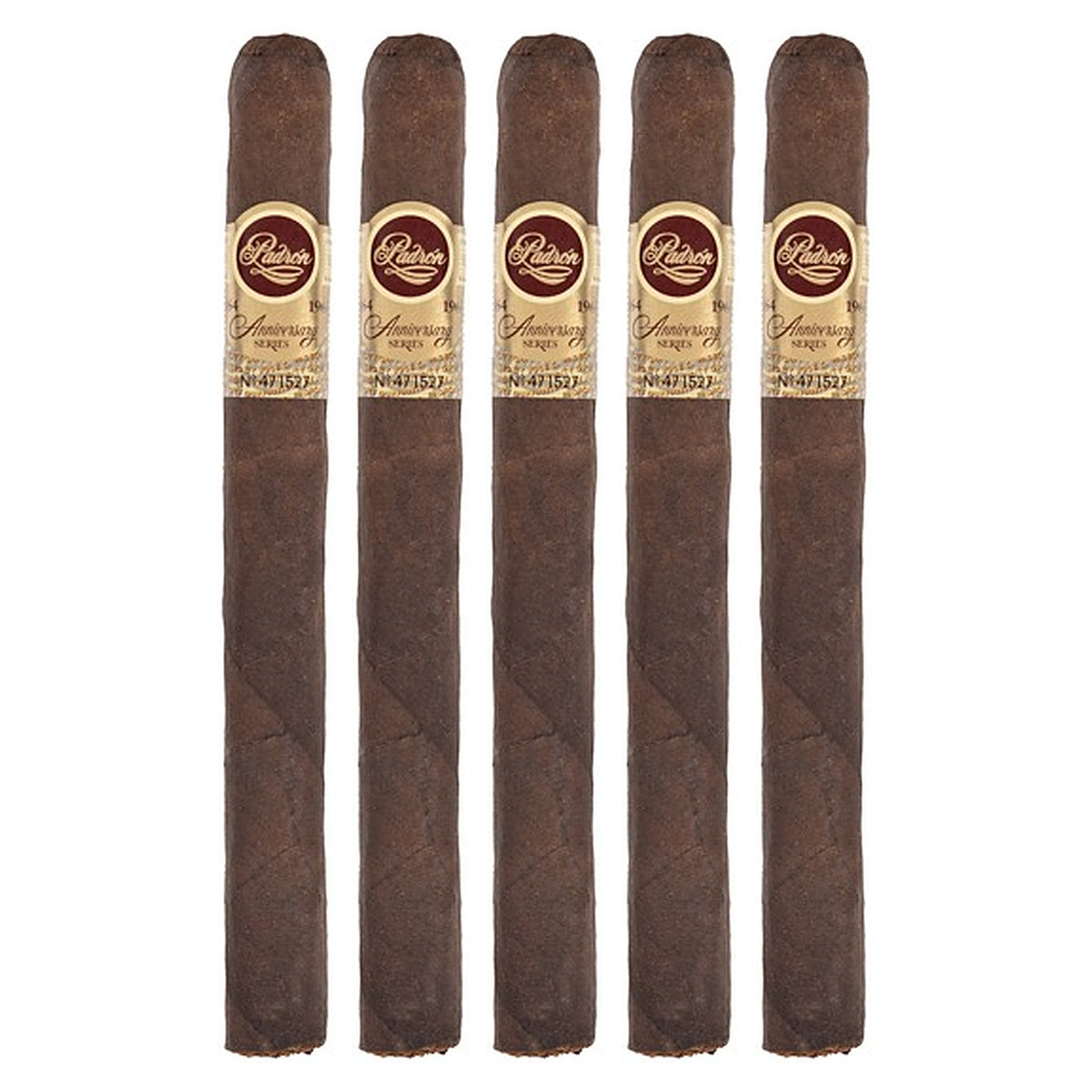Five Padron 1964 Anniversary Series Corona Maduro cigars, 6 × 42, lined up side by side