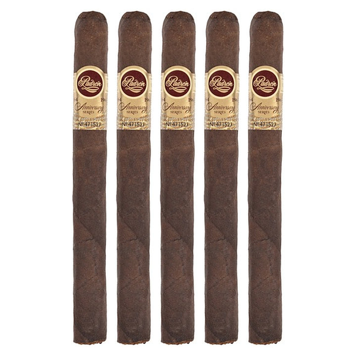 Five Padron 1964 Anniversary Series Corona Maduro cigars, 6 × 42, lined up side by side