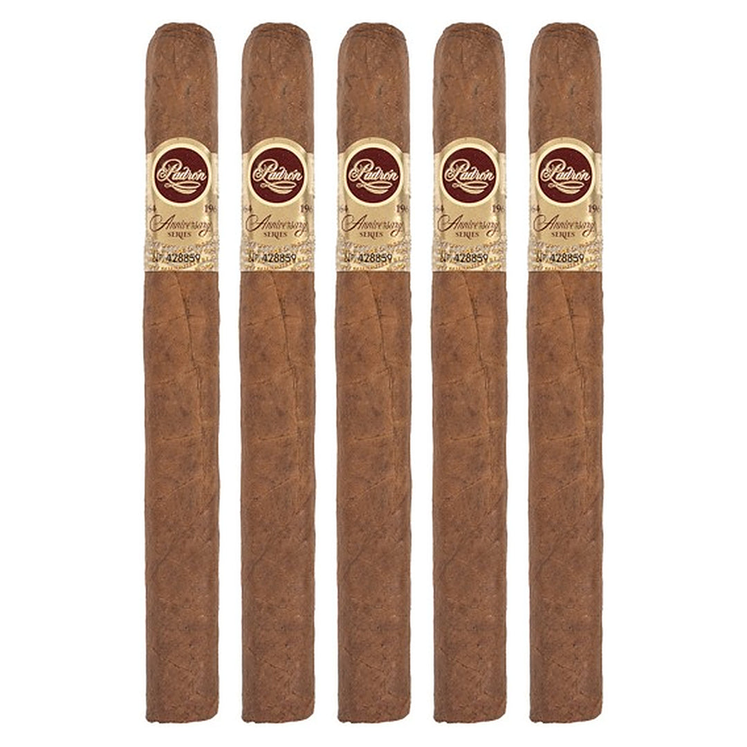 Five Padron 1964 Anniversary Series Corona Natural cigars, 6 × 42, lined up side by side