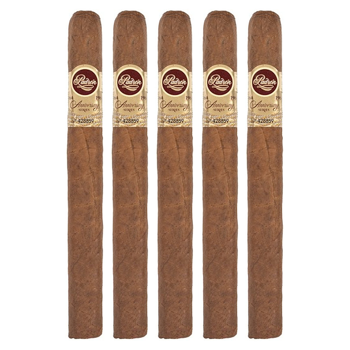 Five Padron 1964 Anniversary Series Corona Natural cigars, 6 × 42, lined up side by side