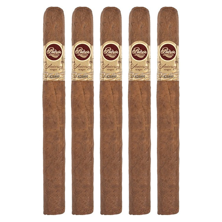 Five Padron 1964 Anniversary Series Corona Natural cigars, 6 × 42, lined up side by side