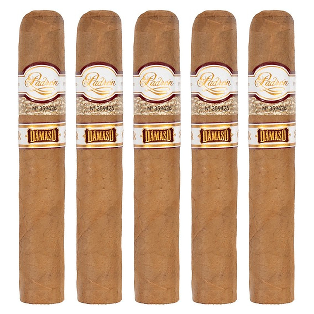 Five Padron Damaso No. 12 cigars, 5 × 50, lined up side by side