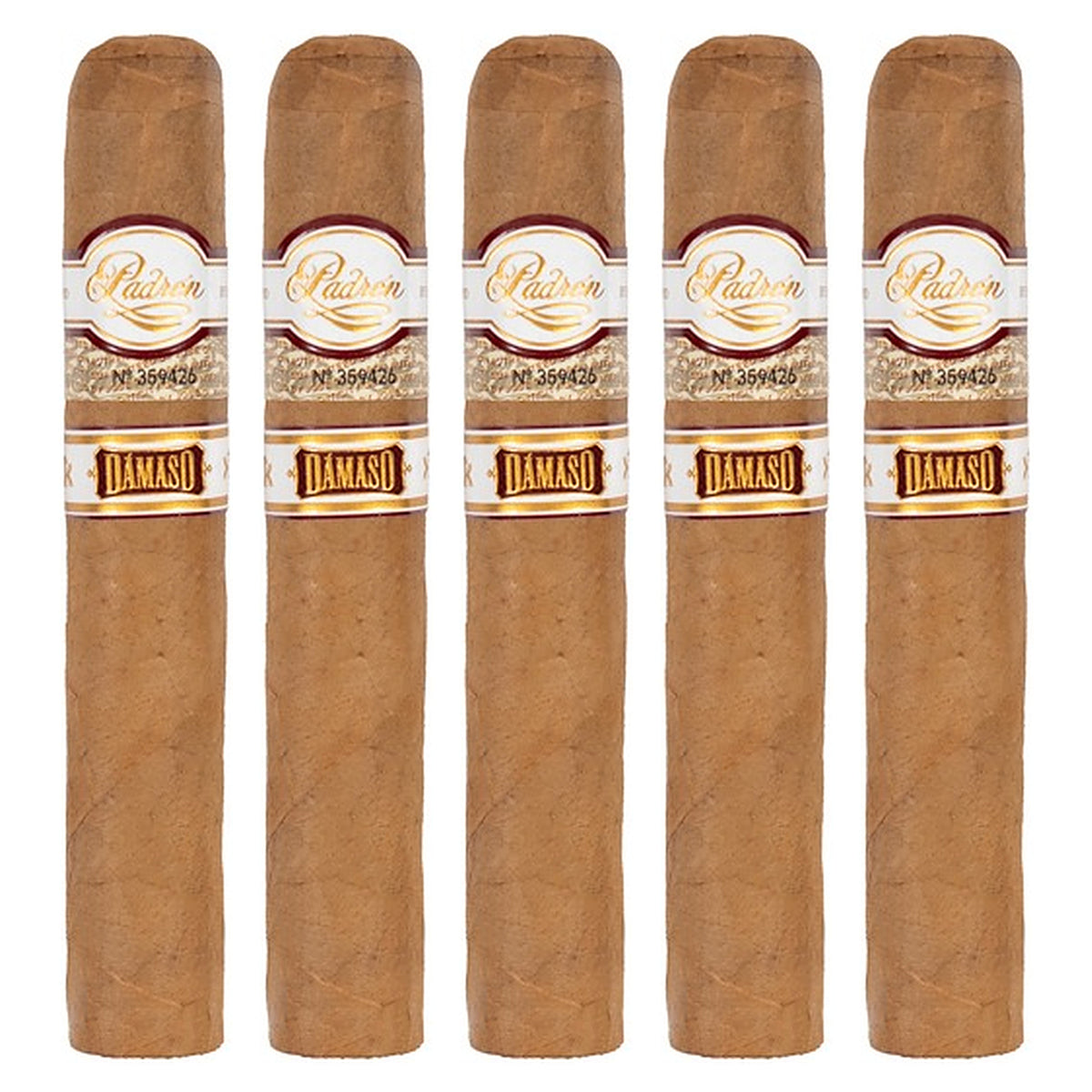 Five Padron Damaso No. 12 cigars, 5 × 50, lined up side by side