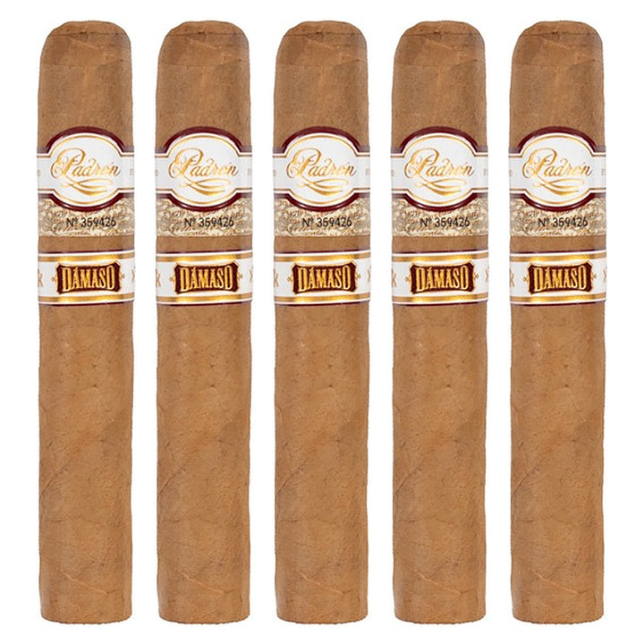 Five Padron Damaso No. 12 cigars, 5 × 50, lined up side by side