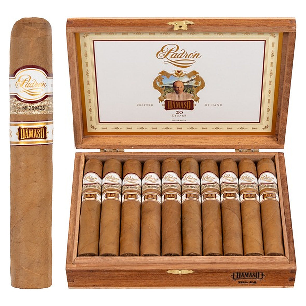 Padron Damaso No. 12 cigar, 5 × 50, with Ecuadorian Connecticut wrapper, beside its open box of 20