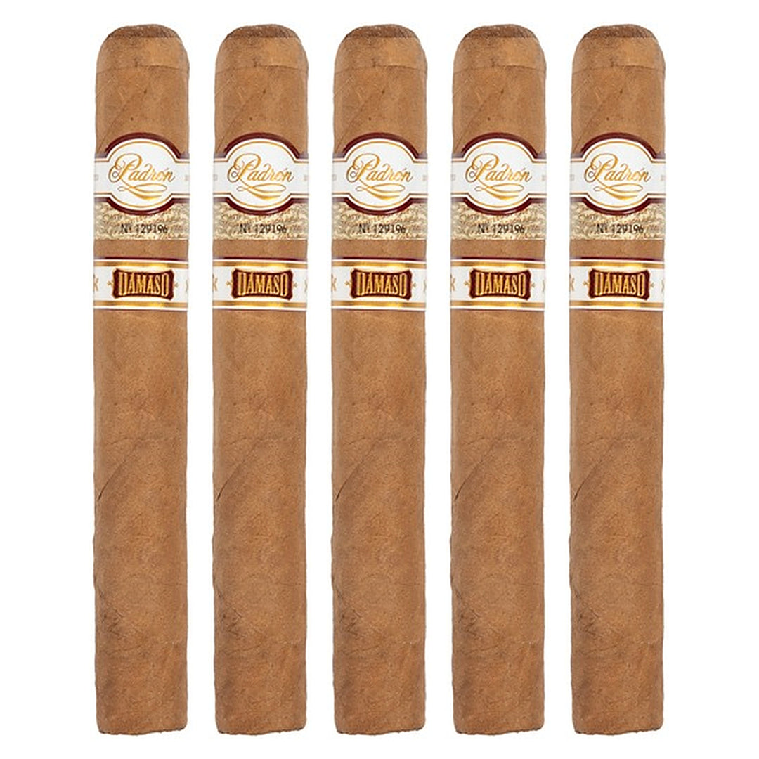 Five Padron Damaso No. 15 cigars, 6 × 52, lined up side by side