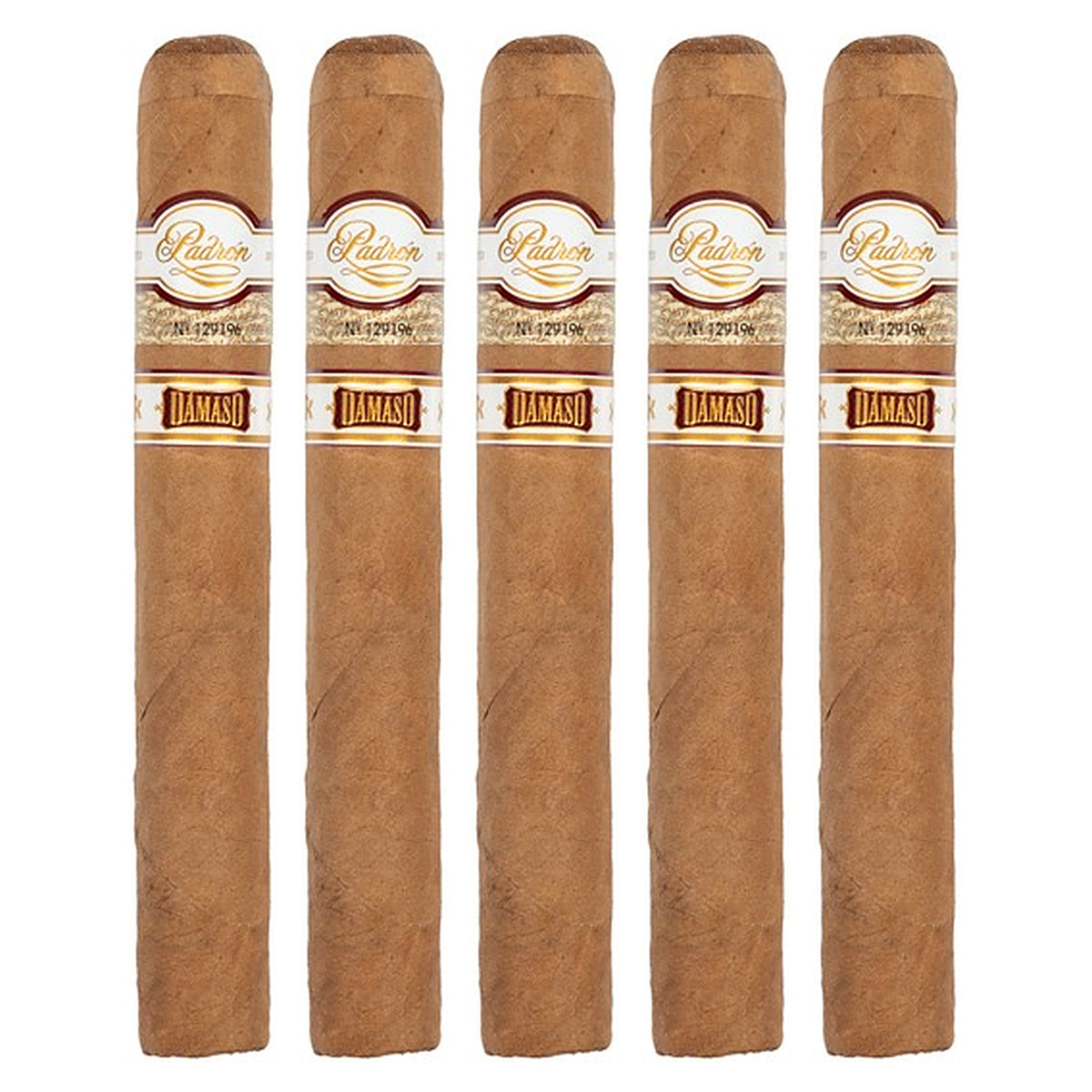 Five Padron Damaso No. 15 cigars, 6 × 52, lined up side by side