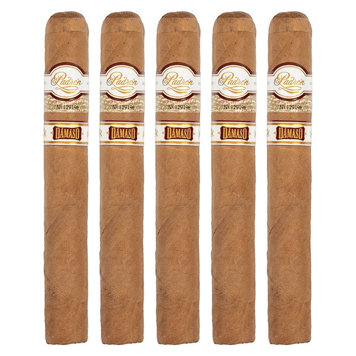 Five Padron Damaso No. 15 cigars, 6 × 52, lined up side by side