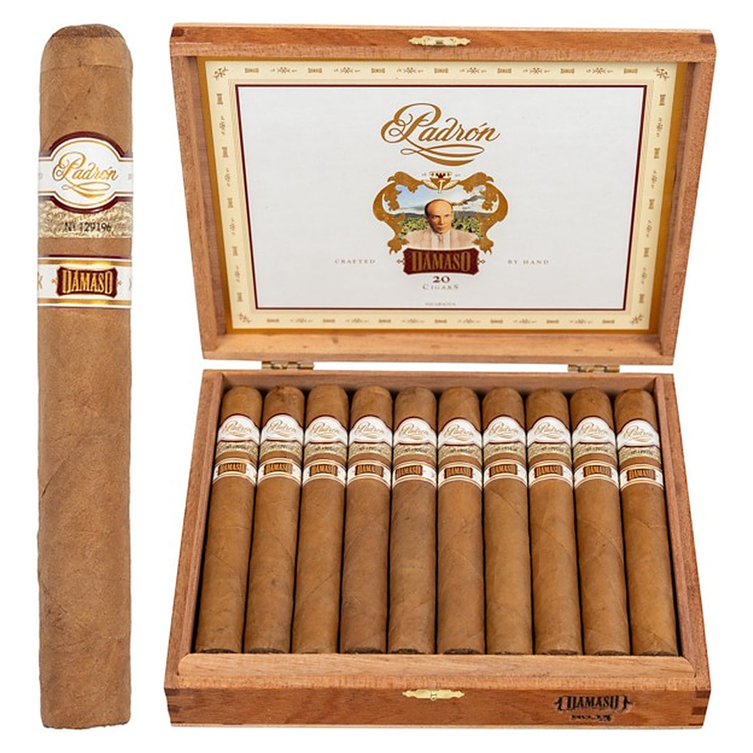 Padron Damaso No. 15 cigar, 6 × 52, with Ecuadorian Connecticut wrapper, beside its open box of 20