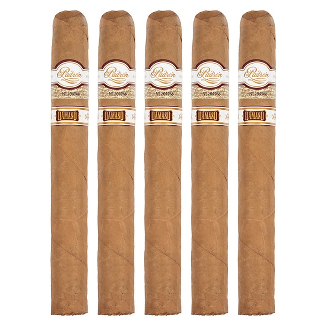 Five Padron Damaso No. 17 cigars, 7 × 54, lined up side by side
