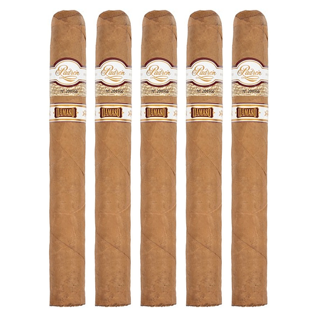 Five Padron Damaso No. 17 cigars, 7 × 54, lined up side by side