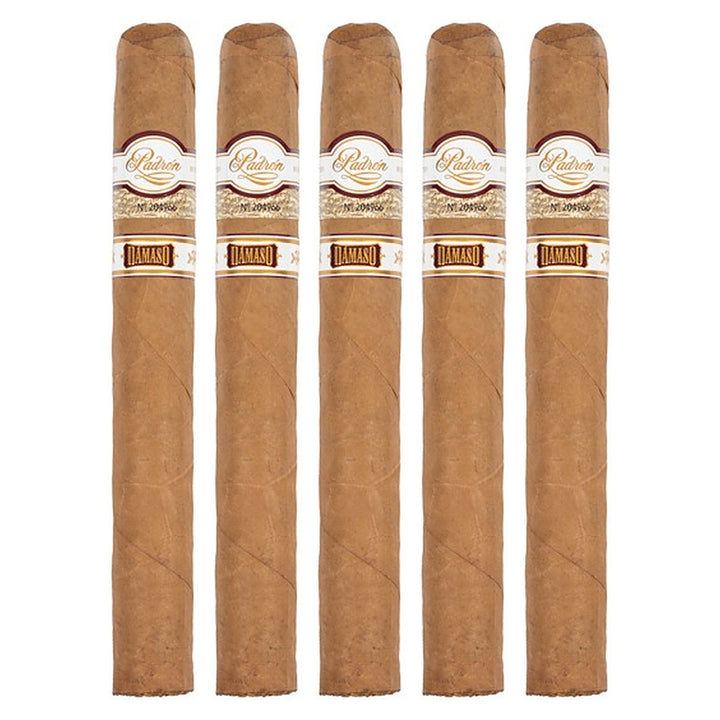 Five Padron Damaso No. 17 cigars, 7 × 54, lined up side by side