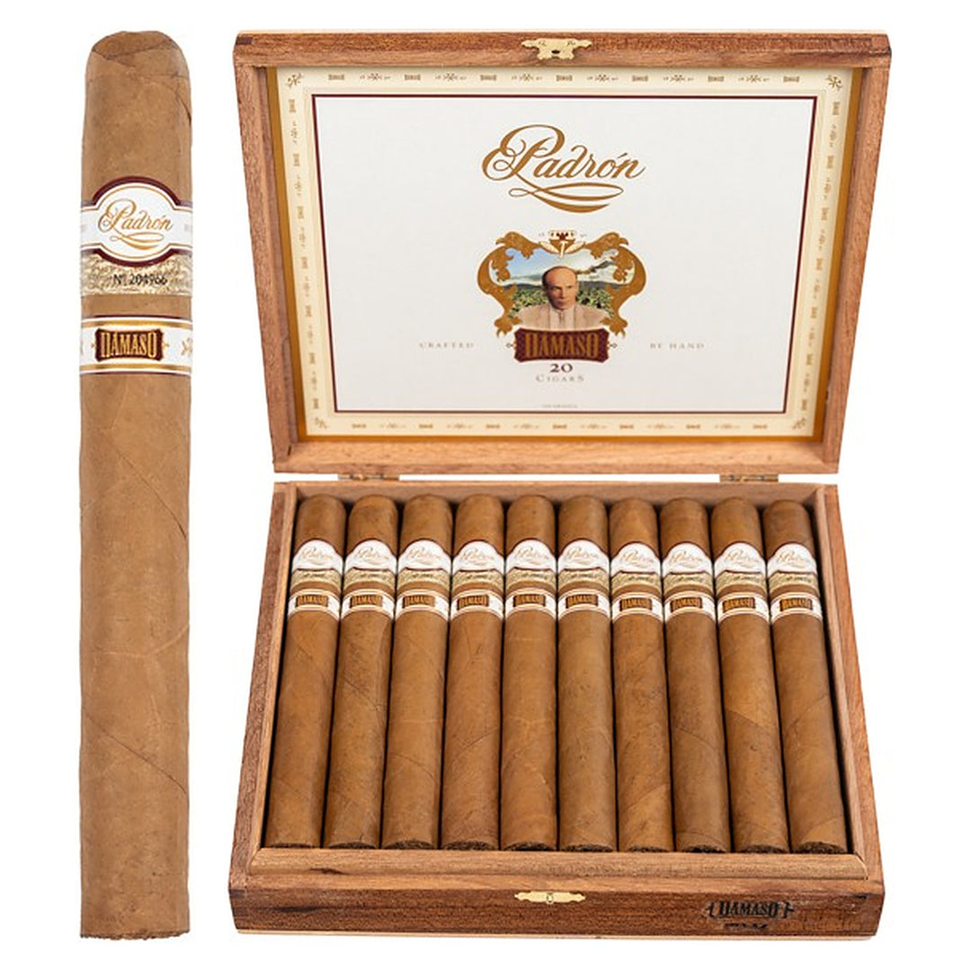 Padron Damaso No. 17 cigar, 7 × 54, with Ecuadorian Connecticut wrapper, beside its open box of 20