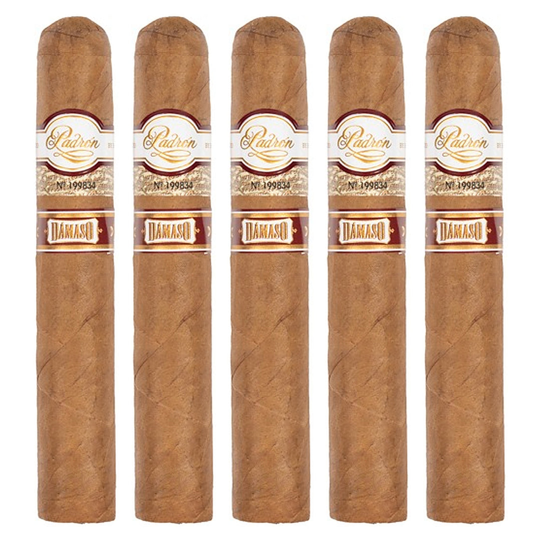 Five Padron Damaso No. 32 cigars, 5.25 × 52, lined up side by side